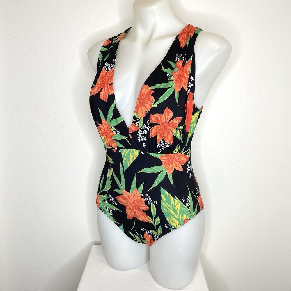ModCloth Retro Rockabilly One Piece Swimsuit Womens Medium Black Floral Orange